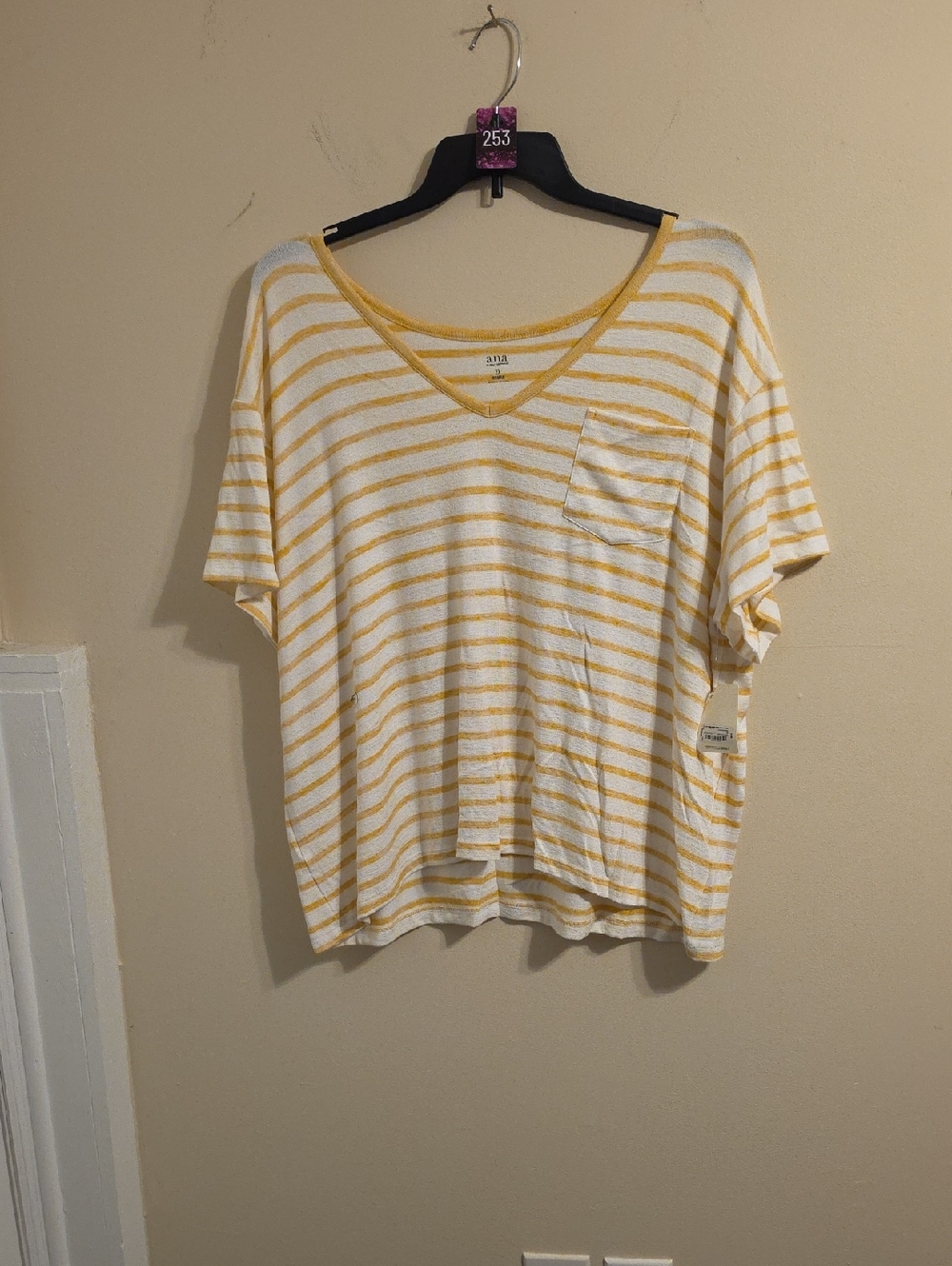 A.N.A Oversized Gold And White Stripped V Neck T Shirt. NWT